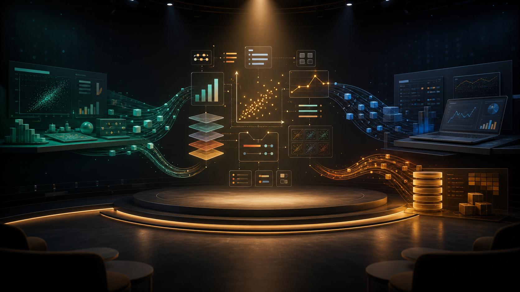 An abstract Grammar of Graphics idea glows on a stage while visual components flow toward analytics tools and SQL-like data systems.
