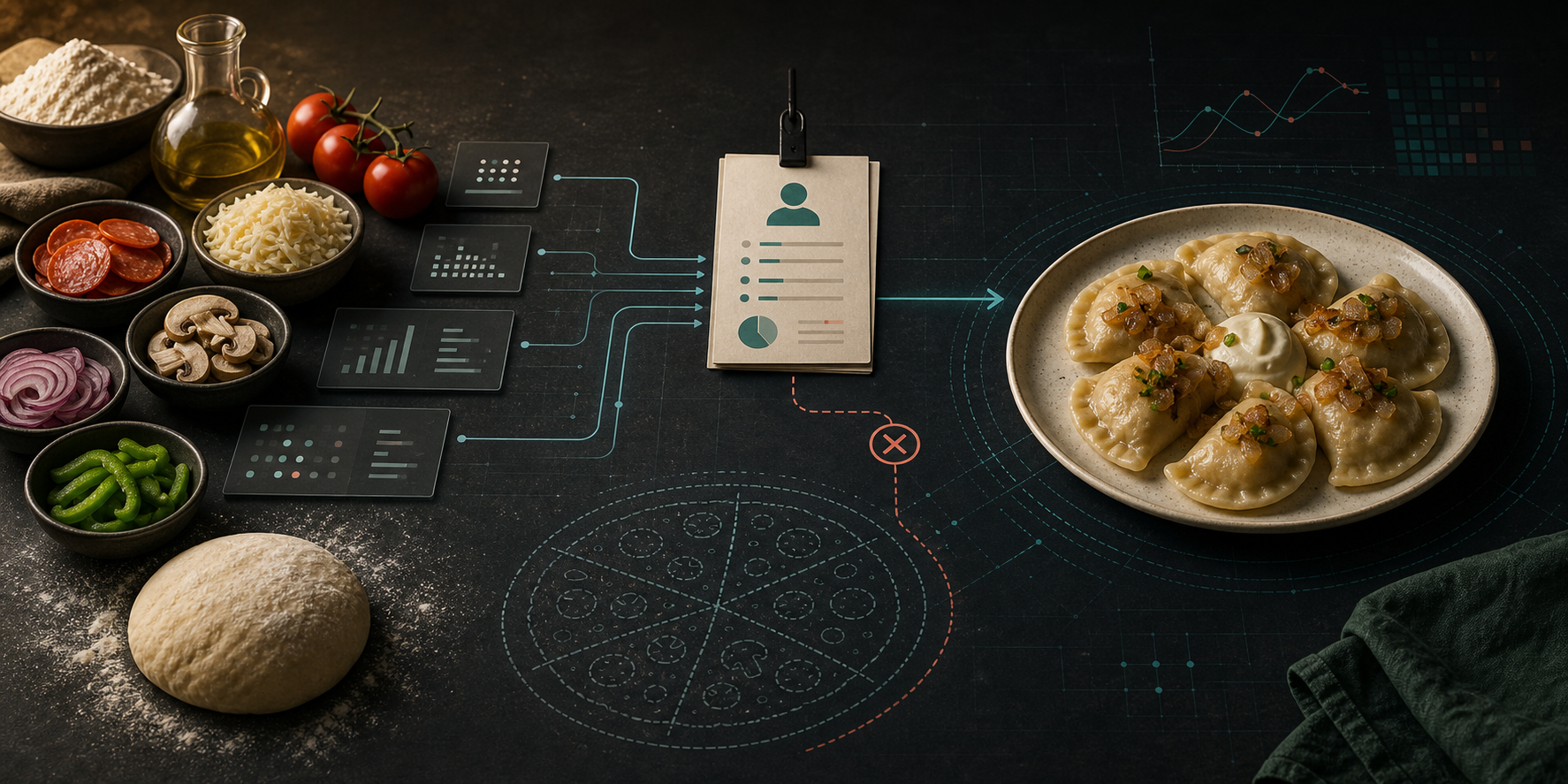 A data kitchen turns overlapping pizza ingredients into pierogi instead of the requested product.